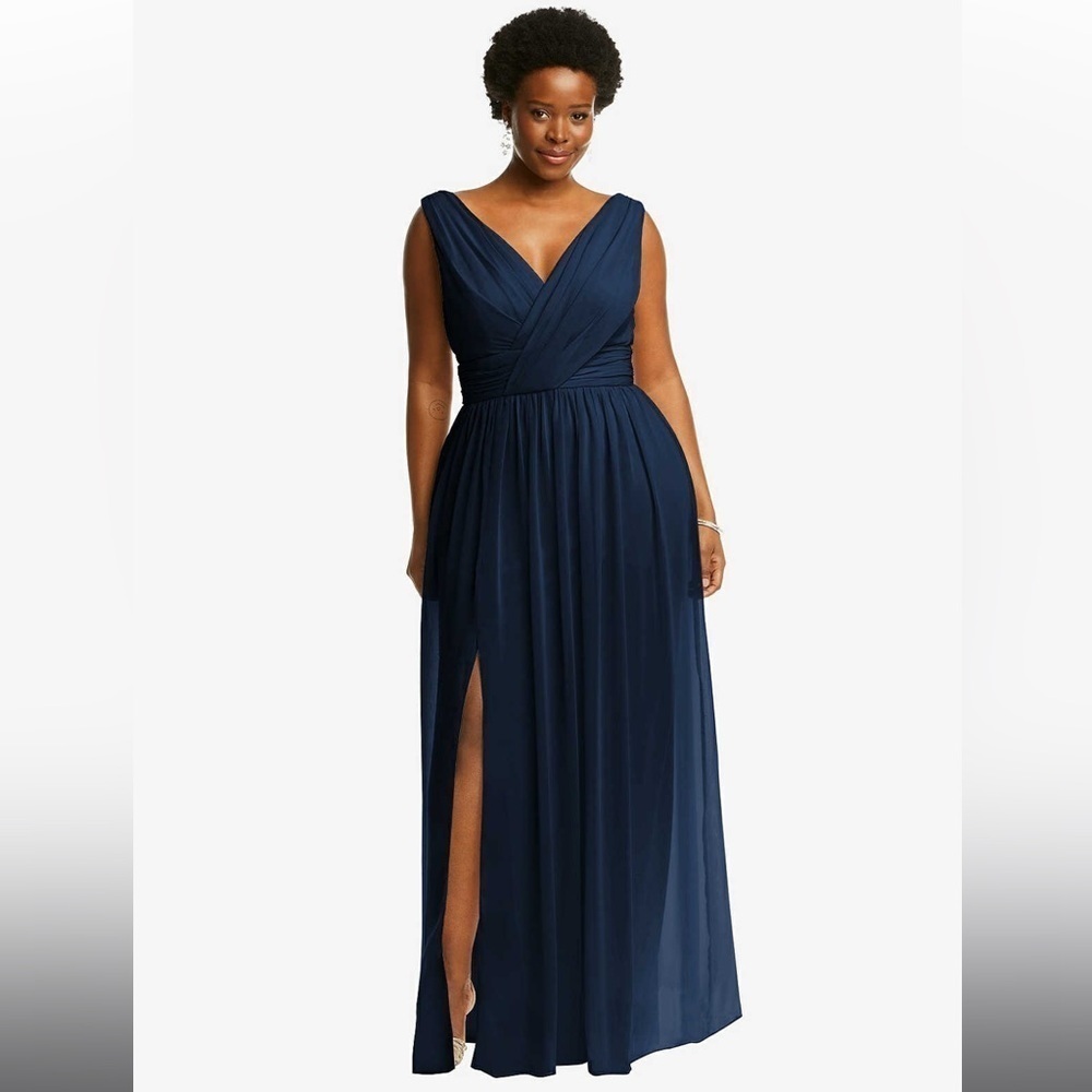 Dessy Collection Navy Blue V-Neck Chiffon Evening Gown